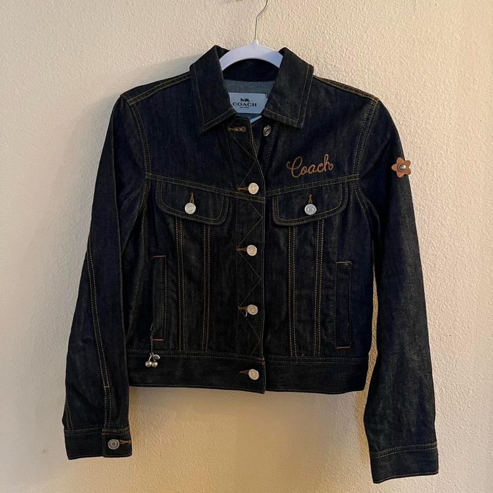 Coach Dark Blue Cropped Jean Jacket with Embroidery and Contrast Stitching